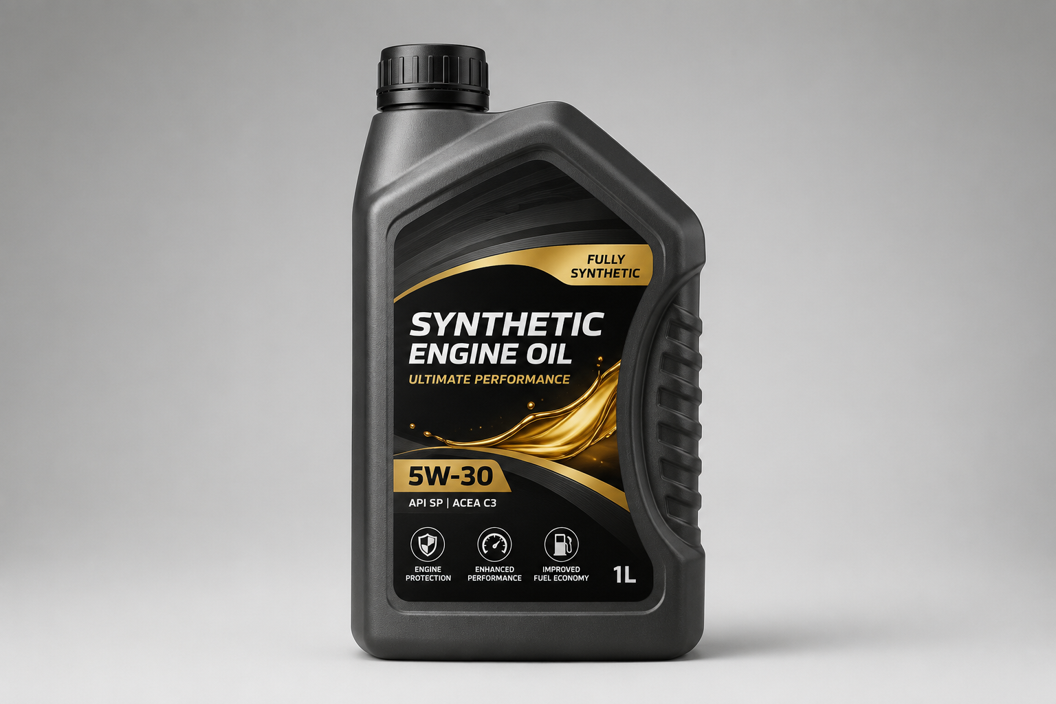Synthetic engine oil bottle with modern packaging showing high-performance lubricant